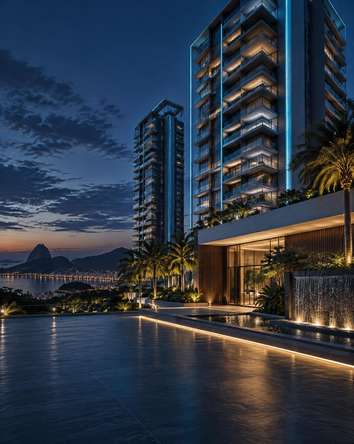 Empreendimento residencial contemporâneo iluminado ao entardecer